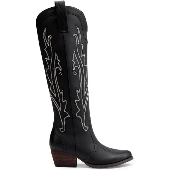 Womens Faux Leather Black Embroidered Side Zipper Chunky Heel Retro Tall Boot - Picture 7 of 9